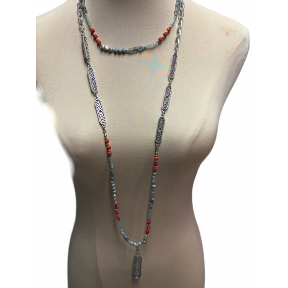 Unbranded Jewelry - Premier Designs Long Silver-Tone Necklace Coral Light Blue Beads